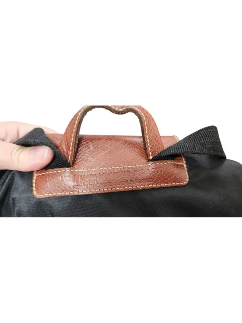 Longchamp Le Pliage Backpack Black Nylon Brown Leather Foldable NWOT